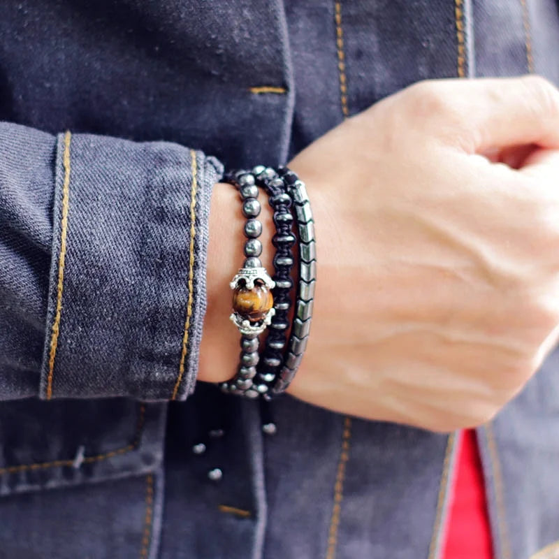 Noter 3pcs/set Mens Bracelet Set Braided Rope Braslet Natural Hematite Braclet Stone Adjustable Male Charm Brazalete Accessories - Clikcy