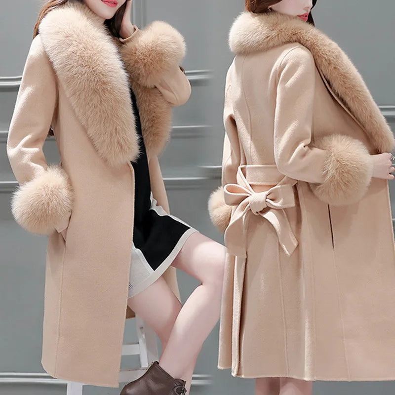 2025 Autumn Winter High End Fashion Coat Slim Was Thin Woolen Coat Faux Fur Fur Collar Slim Was Thin Mid-length Coat Women Coat - Clikcy