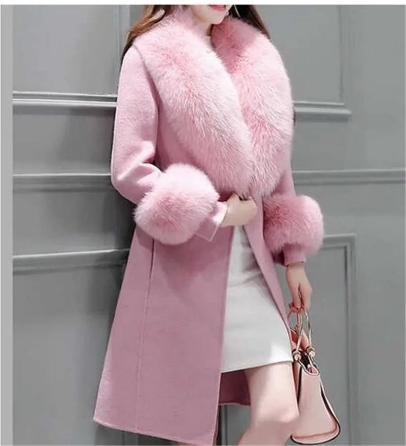 2025 Autumn Winter High End Fashion Coat Slim Was Thin Woolen Coat Faux Fur Fur Collar Slim Was Thin Mid-length Coat Women Coat - Clikcy