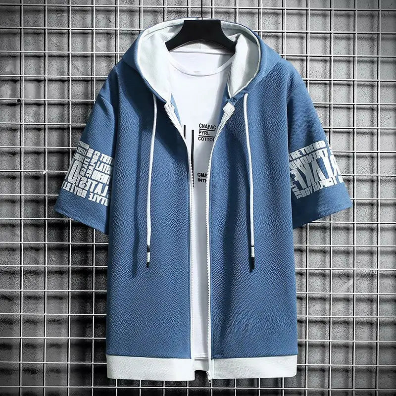 Japan Style Men's Hoodies Fashion Streetwear Short Sleeve Hooded Sweatshirts Men Casual Harajuku Prints Men Clothing Hoodies - Clikcy