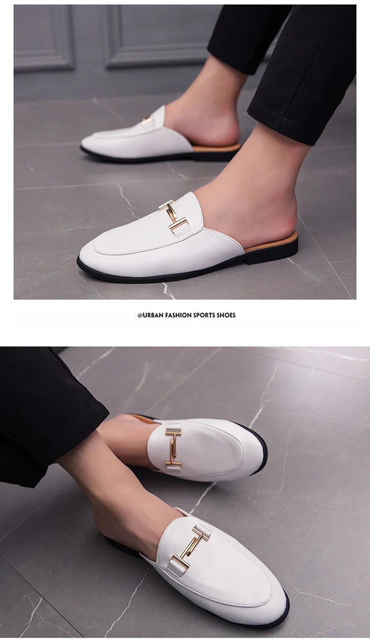 White Slip on Shoes Men Mules Leather Shoes Man Classic Black Half Shoes for Men 2025 Mules Homme Chaussure Homme Mule Masculino