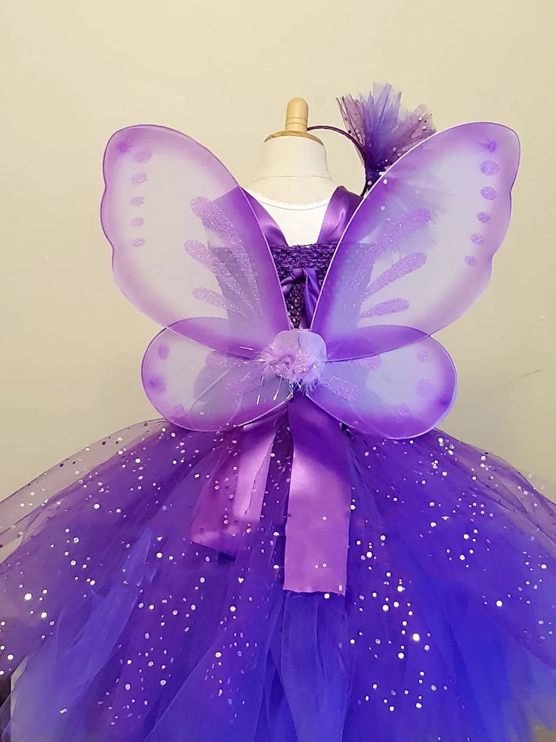 Girls Purple Butterfly Flower Tutu Dress Kids Glitter Tulle Dress Ball Gown with Wing Children Birthday Party Costume Dresses - Clikcy