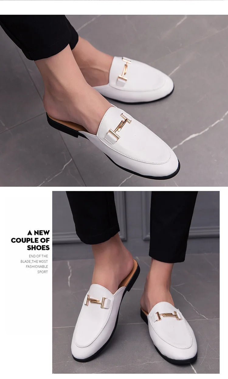 White Slip on Shoes Men Mules Leather Shoes Man Classic Black Half Shoes for Men 2025 Mules Homme Chaussure Homme Mule Masculino