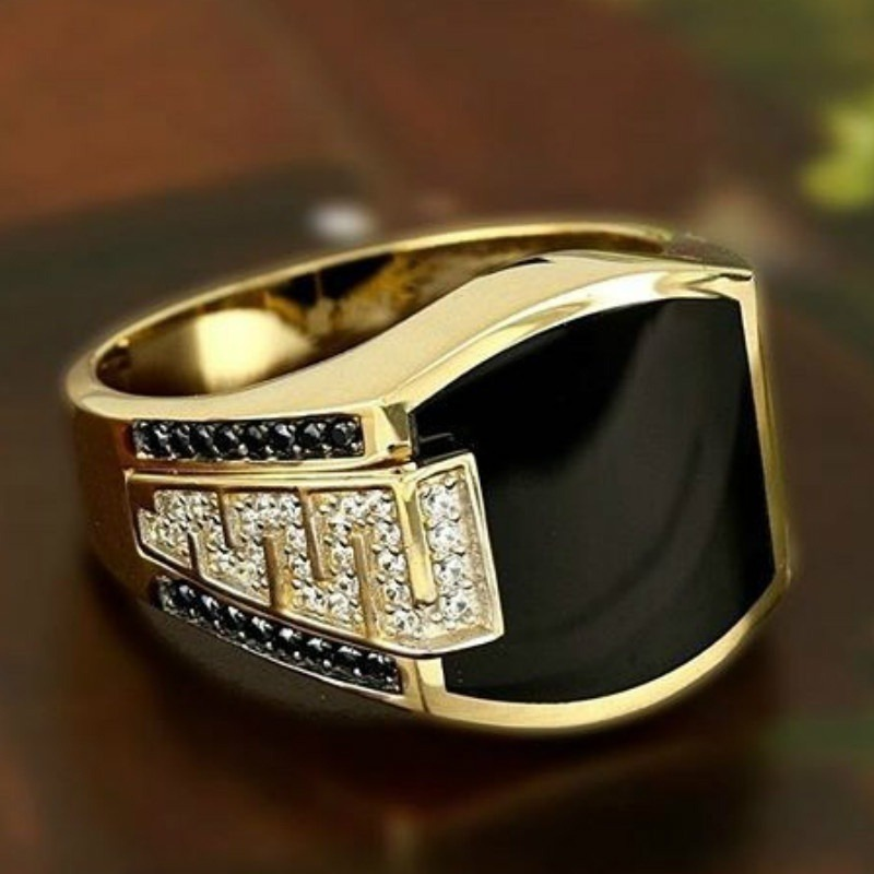 Classic Men's Ring Fashion Metal Gold Color Inlaid Black Stone Zircon Punk Rings for Men Engagement Wedding Luxury  Jewelry - Clikcy