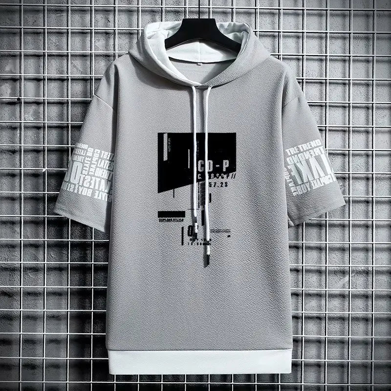 Japan Style Men's Hoodies Fashion Streetwear Short Sleeve Hooded Sweatshirts Men Casual Harajuku Prints Men Clothing Hoodies - Clikcy