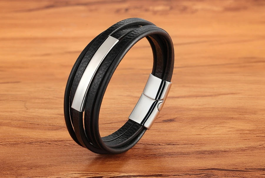 XQNI Geometric Stainless Steel Accessories Combination Leather Men's Bracelet Classic Multi-layer Luxury Style For Handsome Gift - Clikcy
