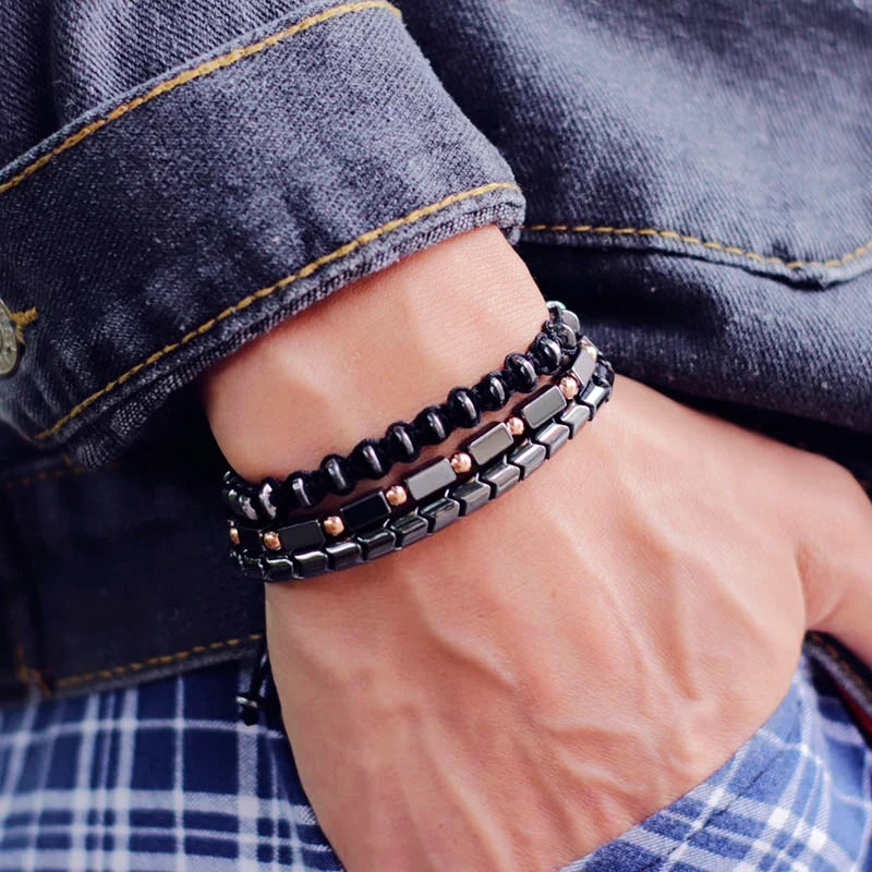 Noter 3pcs/set Mens Bracelet Set Braided Rope Braslet Natural Hematite Braclet Stone Adjustable Male Charm Brazalete Accessories - Clikcy