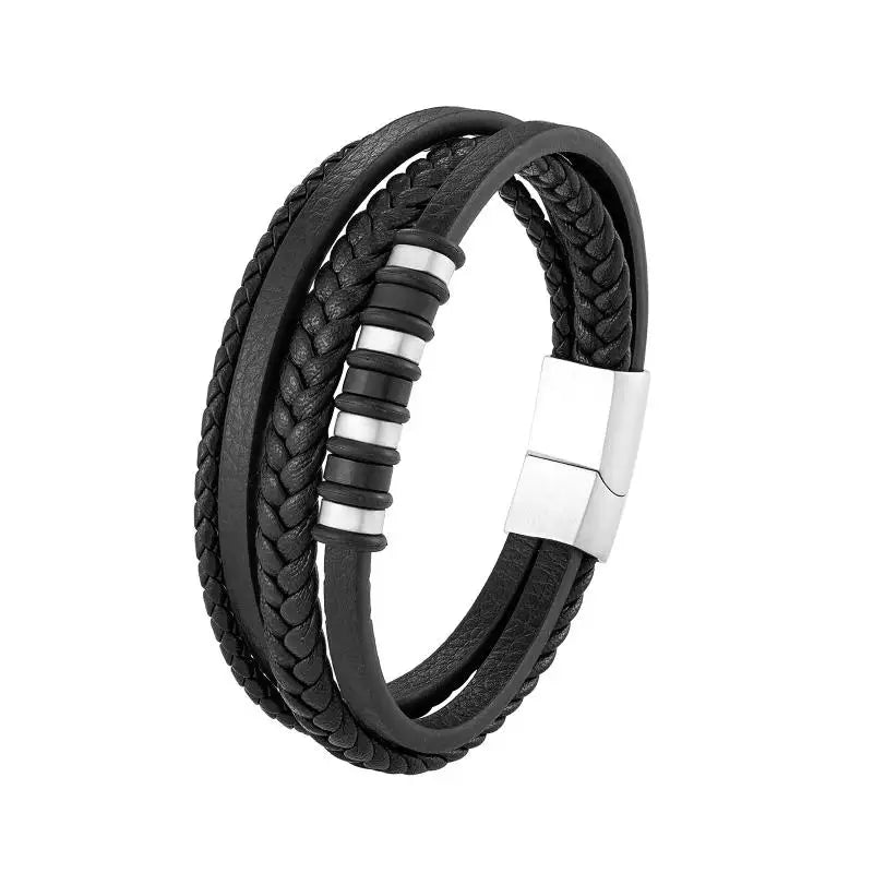 Classic Black Multilayer Leather Bracelet Men Casual Punk Party Jewelry Male Hand Band Gift