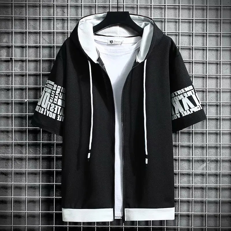 Japan Style Men's Hoodies Fashion Streetwear Short Sleeve Hooded Sweatshirts Men Casual Harajuku Prints Men Clothing Hoodies - Clikcy