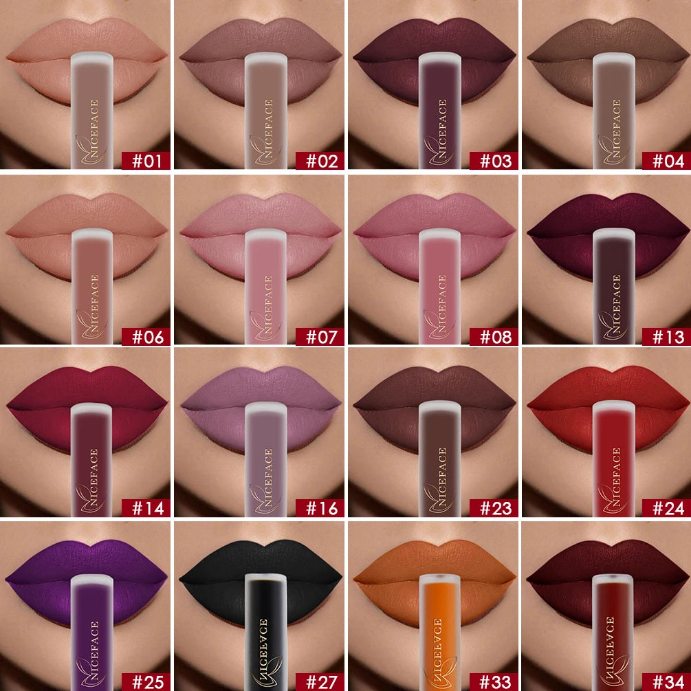 NICEFACE Matte Liquid Lipstick Waterproof Long Lasting Lip Gloss Tint Sexy Red Nude Purple Metallic Lipsticks Makeup Cosmetics - Clikcy