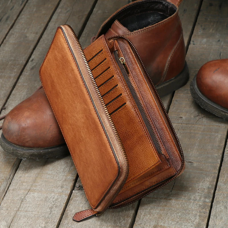 Vintage Genuine leather wallet Men leather long wallet men purse clutch bag male money clips zip around money bag card holder - Clikcy