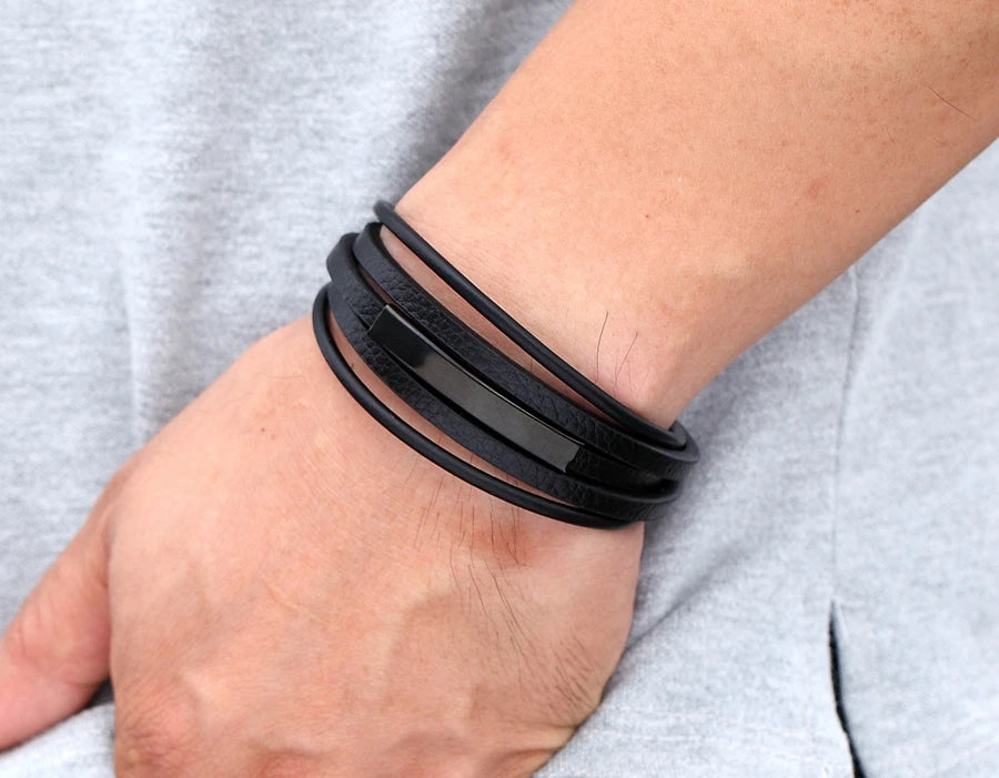 XQNI Geometric Stainless Steel Accessories Combination Leather Men's Bracelet Classic Multi-layer Luxury Style For Handsome Gift - Clikcy