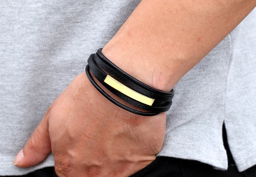 XQNI Geometric Stainless Steel Accessories Combination Leather Men's Bracelet Classic Multi-layer Luxury Style For Handsome Gift - Clikcy