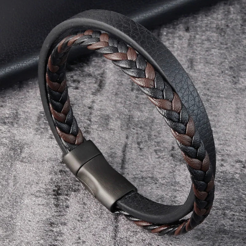 Trendy Genuine Leather Bracelets Men Stainless Steel Multilayer Braided Rope Bracelets for Male Female Bracelets Jewelry