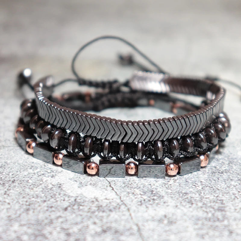 Noter 3pcs/set Mens Bracelet Set Braided Rope Braslet Natural Hematite Braclet Stone Adjustable Male Charm Brazalete Accessories - Clikcy