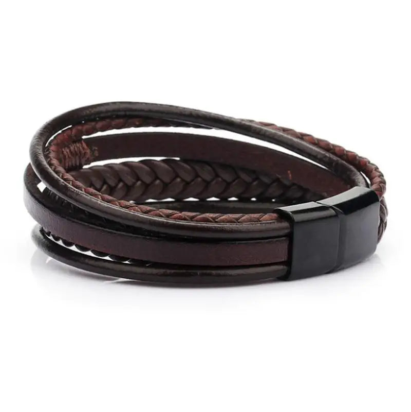 Classic Black Multilayer Leather Bracelet Men Casual Punk Party Jewelry Male Hand Band Gift - Clikcy