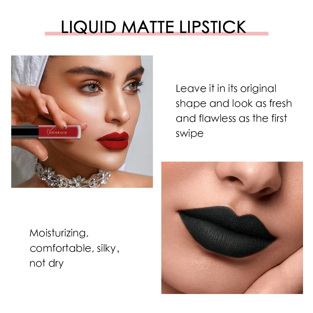NICEFACE Matte Liquid Lipstick Waterproof Long Lasting Lip Gloss Tint Sexy Red Nude Purple Metallic Lipsticks Makeup Cosmetics - Clikcy