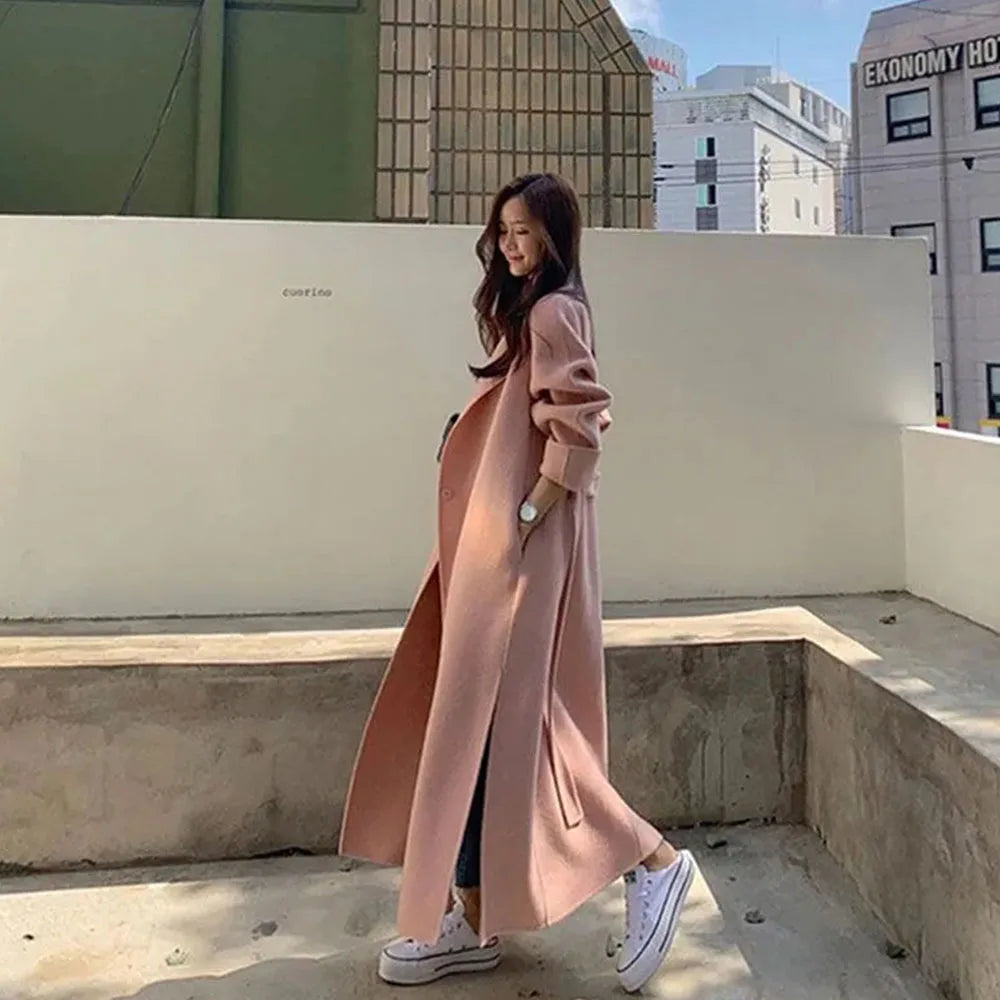 2023 Korean Style Women Long Woolen Blends Jacket Casual Cardigan Coats Fashion Autumn Overcoat Lady Wool Coat Warm Pink Outwear - Clikcy