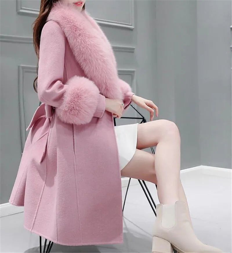 2025 Autumn Winter High End Fashion Coat Slim Was Thin Woolen Coat Faux Fur Fur Collar Slim Was Thin Mid-length Coat Women Coat - Clikcy