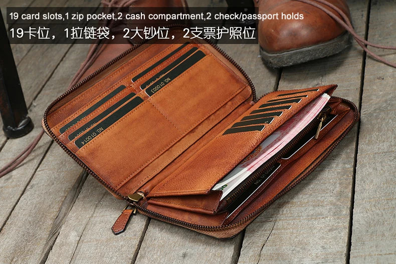 Vintage Genuine leather wallet Men leather long wallet men purse clutch bag male money clips zip around money bag card holder - Clikcy