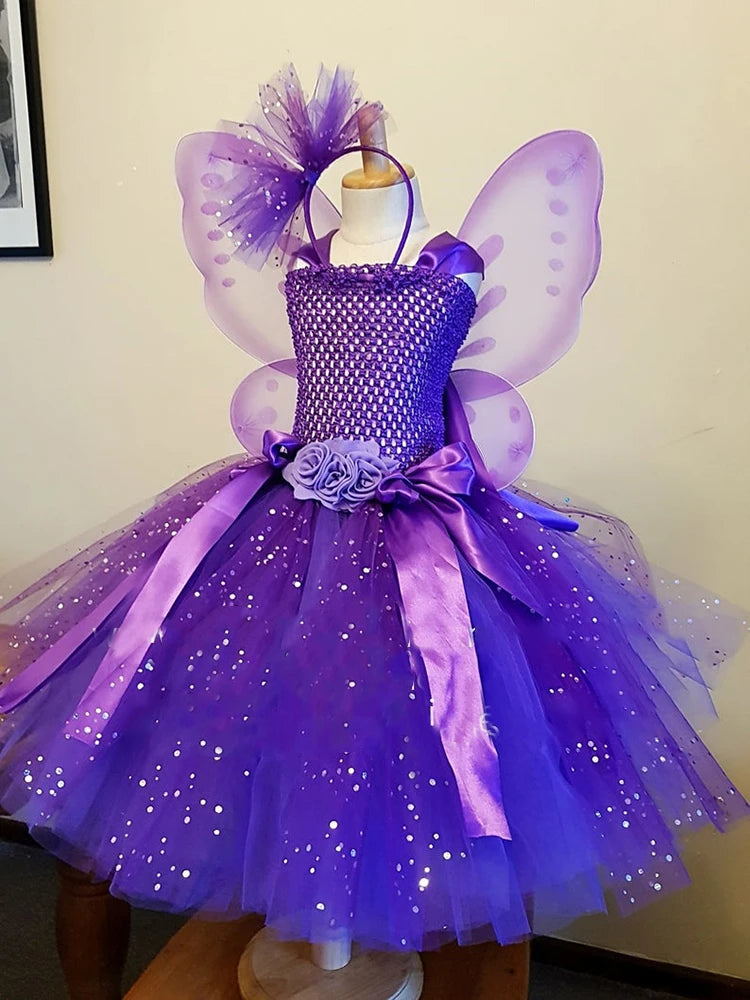 Girls Purple Butterfly Flower Tutu Dress Kids Glitter Tulle Dress Ball Gown with Wing Children Birthday Party Costume Dresses - Clikcy