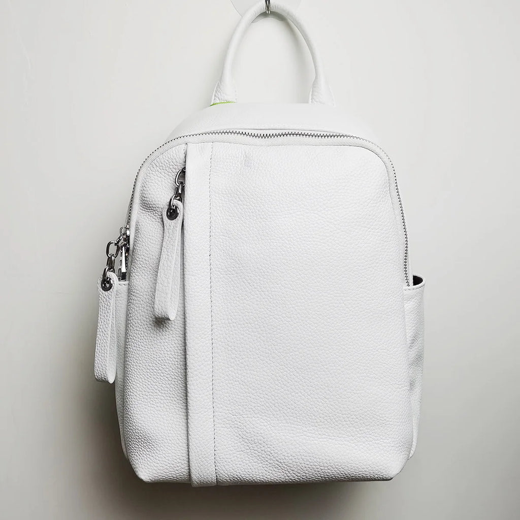 ZENCY Genuine Cow Leather Silver Metal Hardware Women Black White Color Backpacks Young Girl First Layer Cowhide Shooping Bag - Clikcy