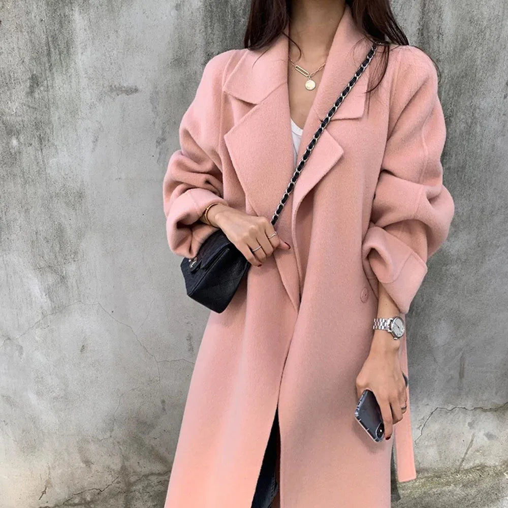 2023 Korean Style Women Long Woolen Blends Jacket Casual Cardigan Coats Fashion Autumn Overcoat Lady Wool Coat Warm Pink Outwear - Clikcy