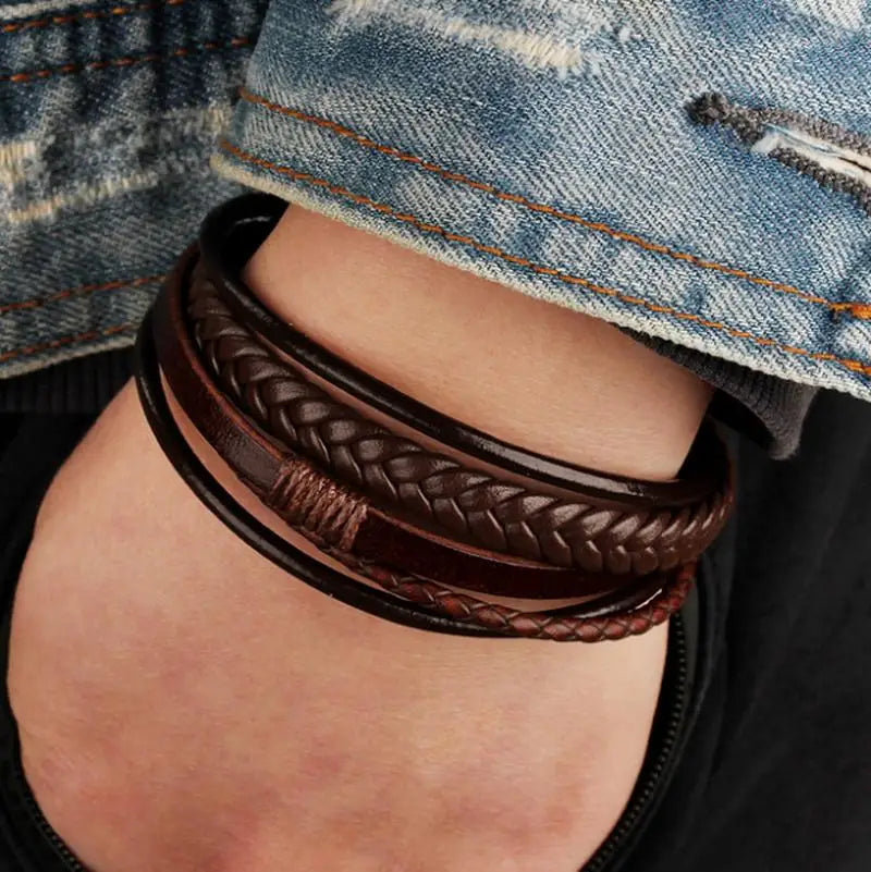 Classic Black Multilayer Leather Bracelet Men Casual Punk Party Jewelry Male Hand Band Gift - Clikcy