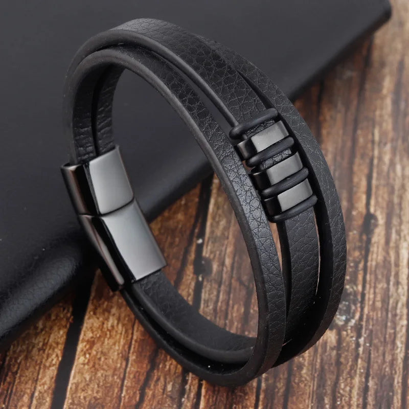 Trendy Genuine Leather Bracelets Men Stainless Steel Multilayer Braided Rope Bracelets for Male Female Bracelets Jewelry