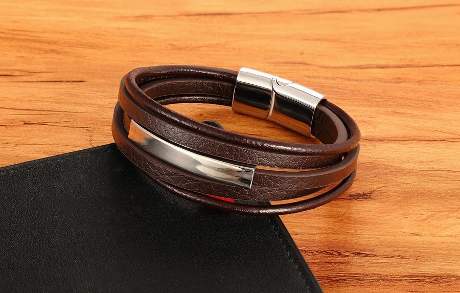 XQNI Geometric Stainless Steel Accessories Combination Leather Men's Bracelet Classic Multi-layer Luxury Style For Handsome Gift - Clikcy