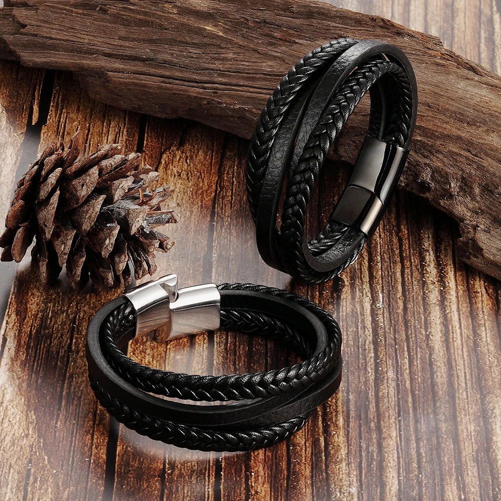 Trendy Genuine Leather Bracelets Men Stainless Steel Multilayer Braided Rope Bracelets for Male Female Bracelets Jewelry - Clikcy