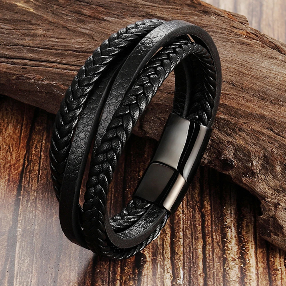 Trendy Genuine Leather Bracelets Men Stainless Steel Multilayer Braided Rope Bracelets for Male Female Bracelets Jewelry - Clikcy