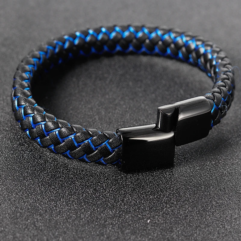 Men Leather Bracelet blue Double Layer Stainless Steel Bangles Magnet Buckle Rope Chain Male Gift - Clikcy