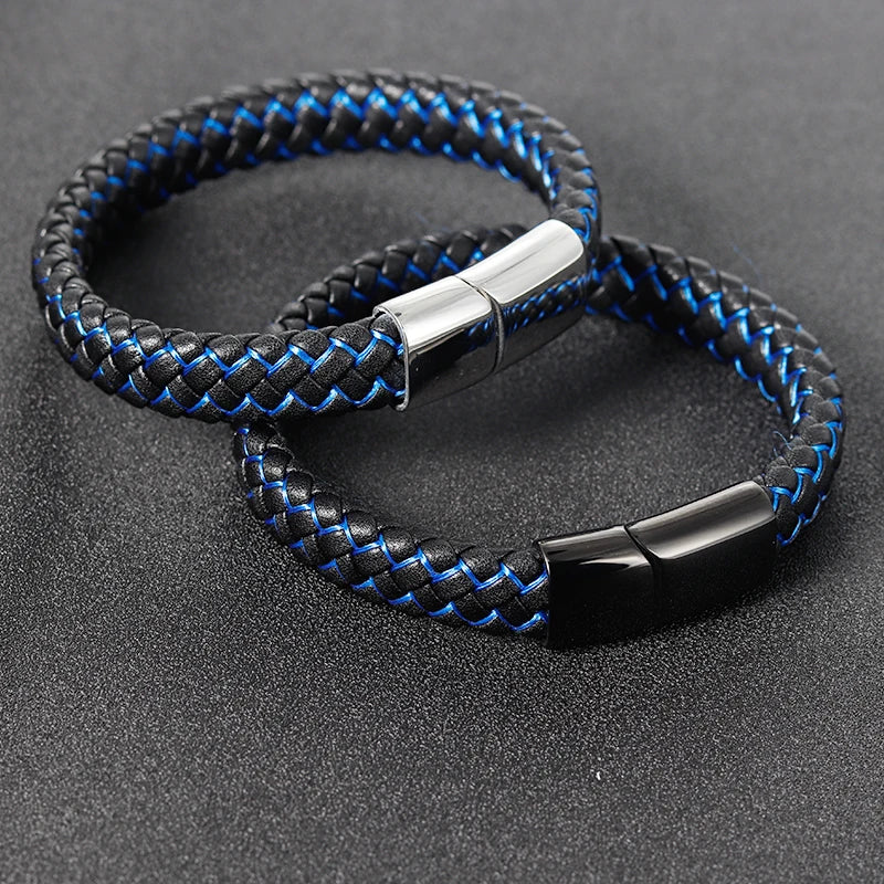 Men Leather Bracelet blue Double Layer Stainless Steel Bangles Magnet Buckle Rope Chain Male Gift - Clikcy