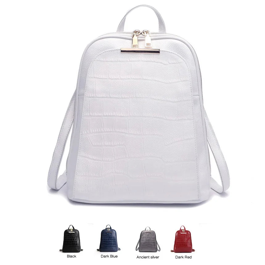 2023 Popular Natural 100% Real Genuine Cow Leather Everyday White Silver Women Backpack Ladies Girls Top Layer Cowhide Book Bag - Clikcy