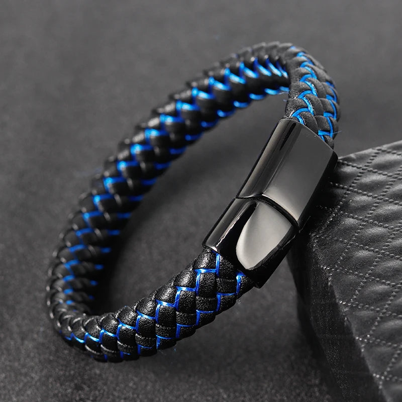 Men Leather Bracelet blue Double Layer Stainless Steel Bangles Magnet Buckle Rope Chain Male Gift - Clikcy