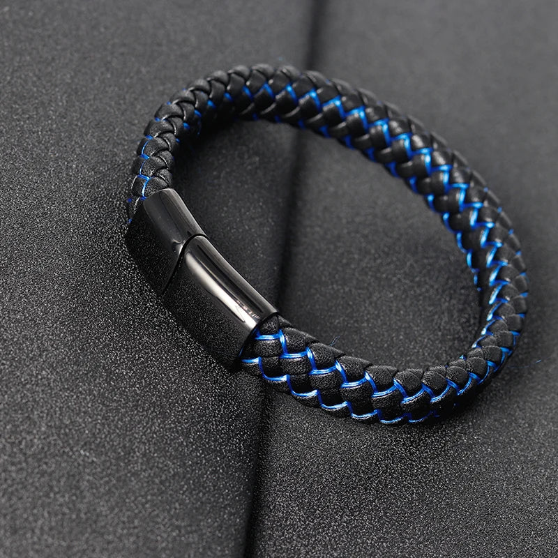 Men Leather Bracelet blue Double Layer Stainless Steel Bangles Magnet Buckle Rope Chain Male Gift - Clikcy