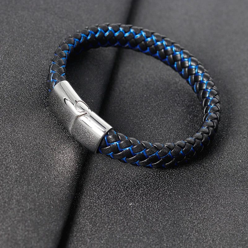 Men Leather Bracelet blue Double Layer Stainless Steel Bangles Magnet Buckle Rope Chain Male Gift - Clikcy