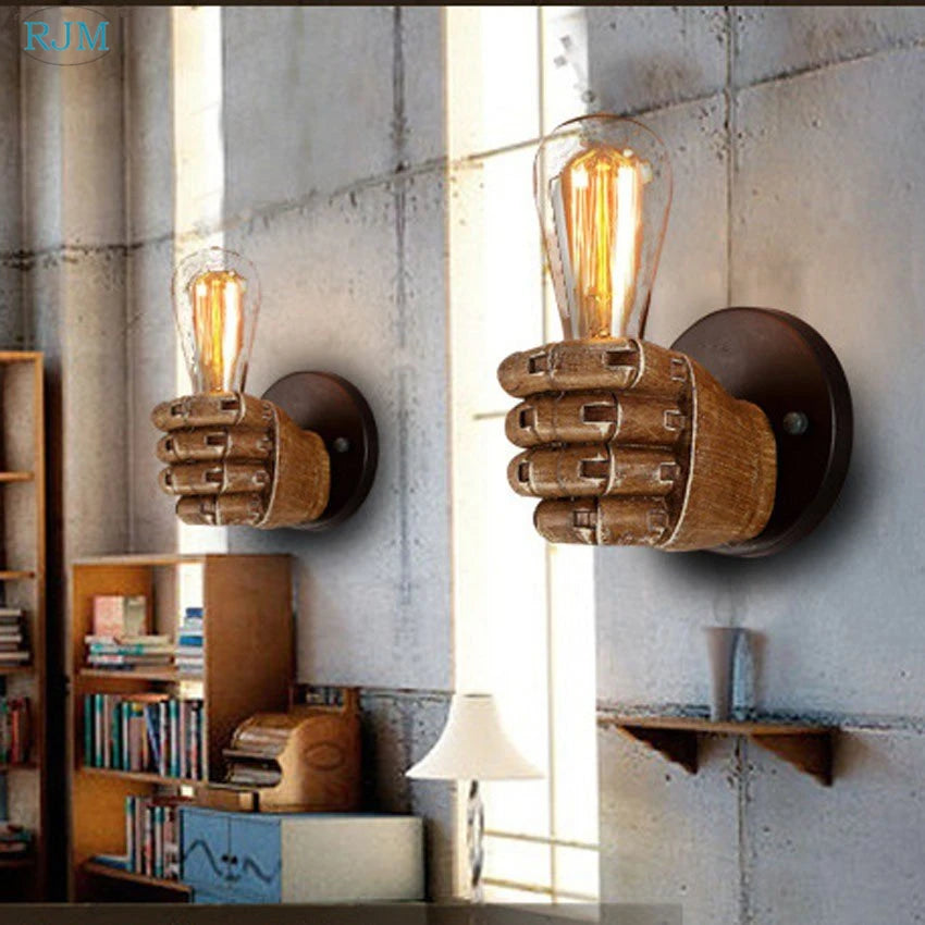American Vintage Wood Hand Model Wall Lamps Loft Foyer Resin Wall Lights for Restaurant Study Dining Room Bar Coffee Shop Lights - Clikcy