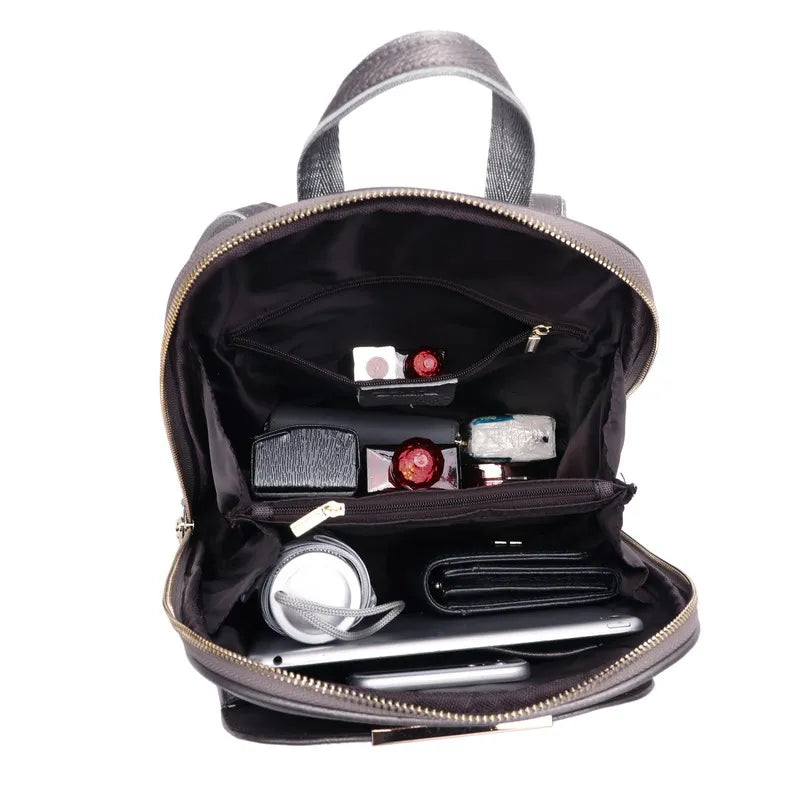 2023 Popular Natural 100% Real Genuine Cow Leather Everyday White Silver Women Backpack Ladies Girls Top Layer Cowhide Book Bag - Clikcy