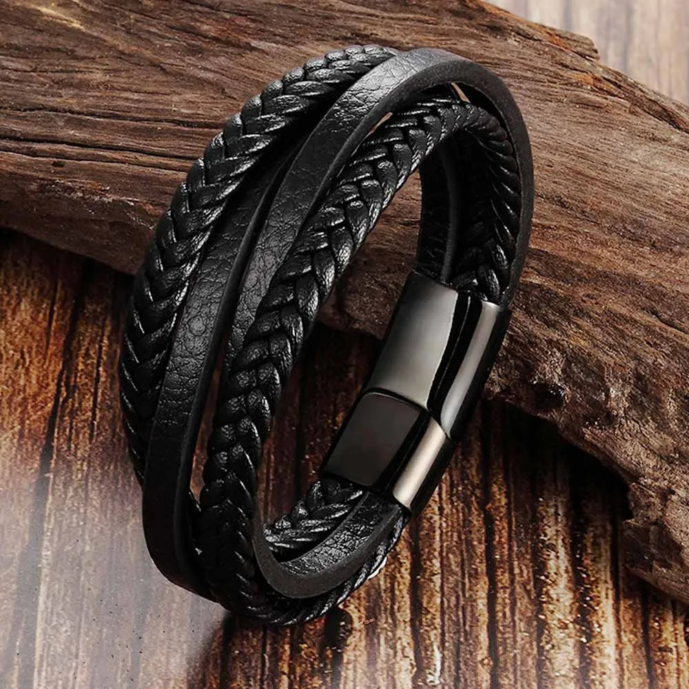 Trendy Genuine Leather Bracelets Men Stainless Steel Multilayer Braided Rope Bracelets for Male Female Bracelets Jewelry - Clikcy