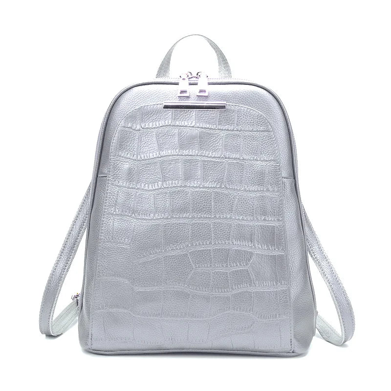 2023 Popular Natural 100% Real Genuine Cow Leather Everyday White Silver Women Backpack Ladies Girls Top Layer Cowhide Book Bag - Clikcy