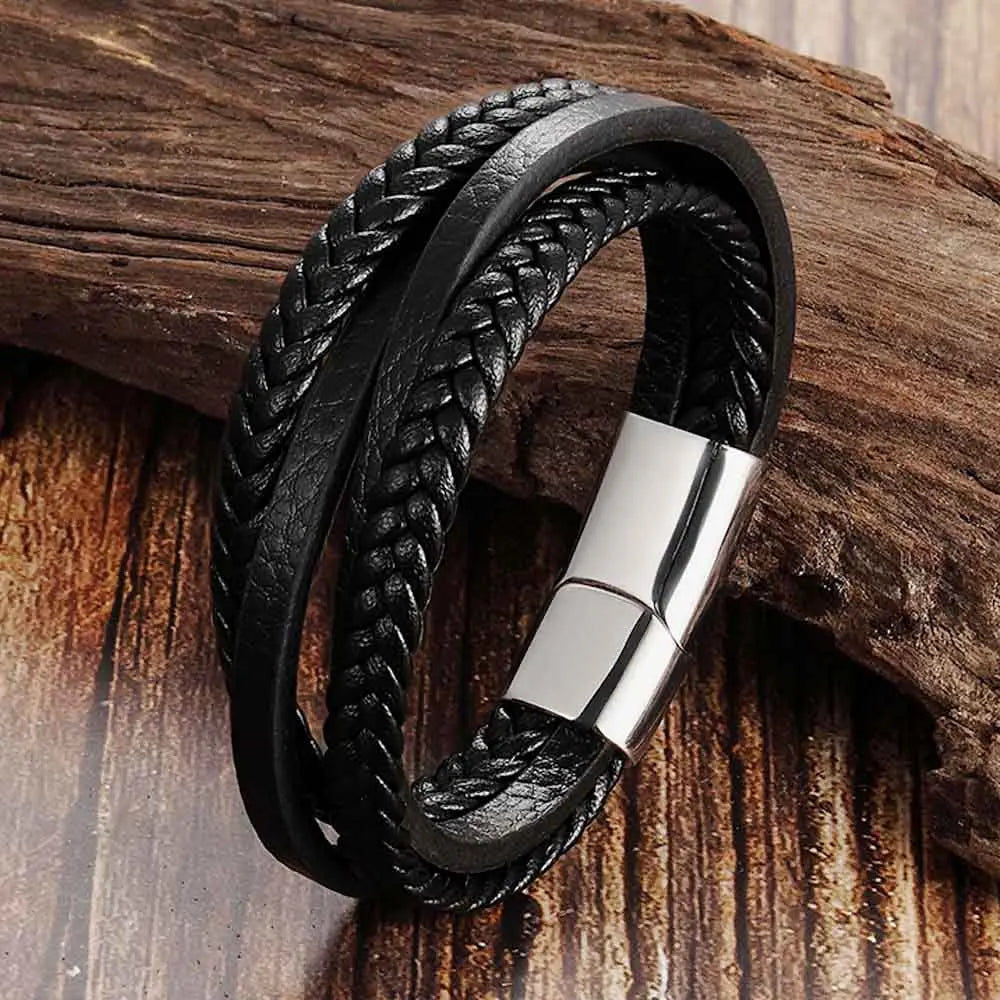 Trendy Genuine Leather Bracelets Men Stainless Steel Multilayer Braided Rope Bracelets for Male Female Bracelets Jewelry - Clikcy