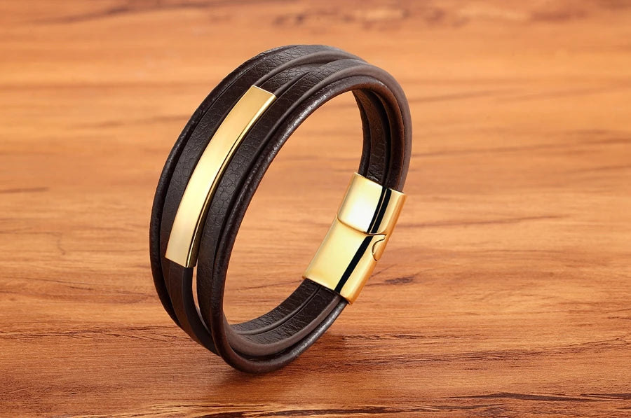 XQNI Geometric Stainless Steel Accessories Combination Leather Men's Bracelet Classic Multi-layer Luxury Style For Handsome Gift - Clikcy