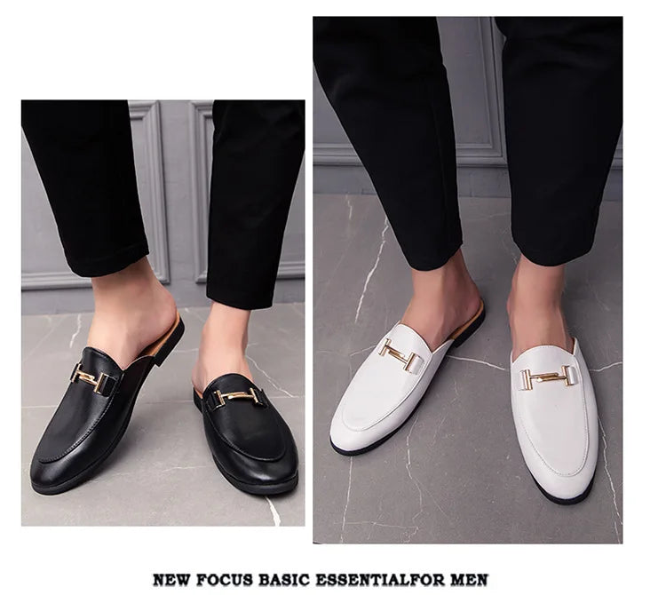 White Slip on Shoes Men Mules Leather Shoes Man Classic Black Half Shoes for Men 2025 Mules Homme Chaussure Homme Mule Masculino