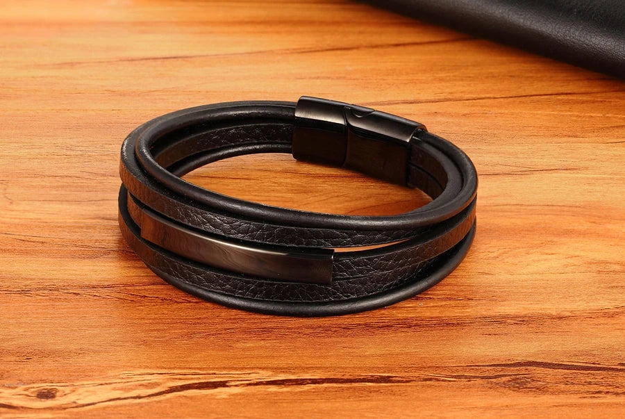 XQNI Geometric Stainless Steel Accessories Combination Leather Men's Bracelet Classic Multi-layer Luxury Style For Handsome Gift - Clikcy