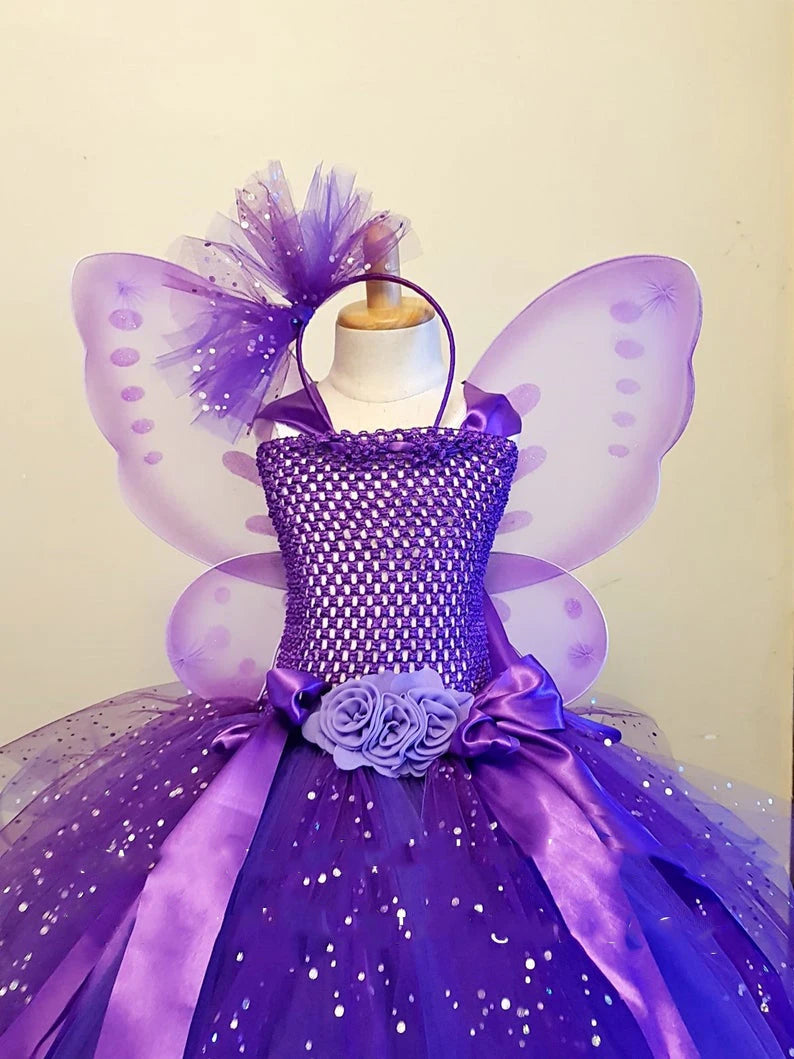 Girls Purple Butterfly Flower Tutu Dress Kids Glitter Tulle Dress Ball Gown with Wing Children Birthday Party Costume Dresses - Clikcy