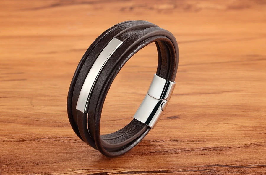 XQNI Geometric Stainless Steel Accessories Combination Leather Men's Bracelet Classic Multi-layer Luxury Style For Handsome Gift - Clikcy