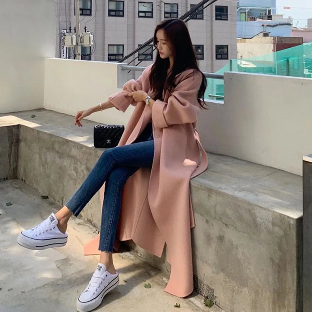 2023 Korean Style Women Long Woolen Blends Jacket Casual Cardigan Coats Fashion Autumn Overcoat Lady Wool Coat Warm Pink Outwear - Clikcy