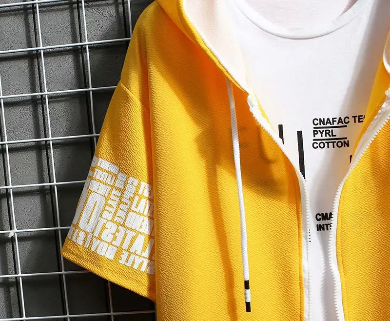 Japan Style Men's Hoodies Fashion Streetwear Short Sleeve Hooded Sweatshirts Men Casual Harajuku Prints Men Clothing Hoodies - Clikcy